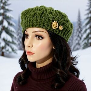 Beautiful New Handmade Women's Knit warm Winter Hat/Beret. Olive Green.